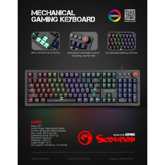 Marvo геймърска механична клавиатура Gaming Keyboard Mechanical KG917 - 107 keys, Outemu Blue switches, Macros, Backlight - MARVO-KG917