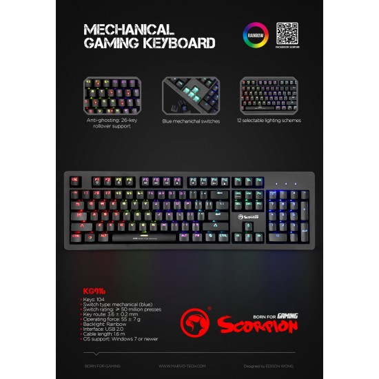 Marvo геймърска механична клавиатура Gaming Keyboard Mechanical KG916 - 104 keys, backlight - MARVO-KG916