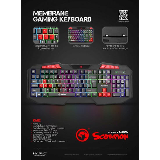 Marvo геймърска клавиатура Gaming Keyboard  112 keys - K602 - Rainbow backlight