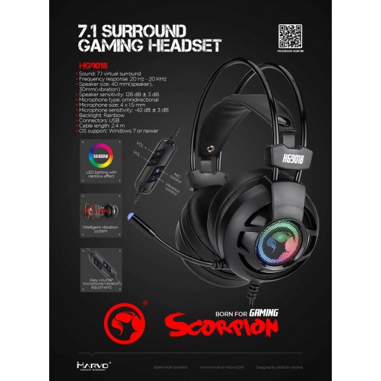 Marvo геймърски слушалки Gaming Headphones HG9018 - 7.1 / Vibration / Backlight / USB