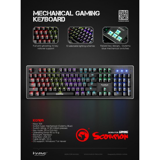 Marvo геймърска механична клавиатура Gaming Keyboard Mechanical KG909 - 104 keys, macros, backlight - MARVO-KG909