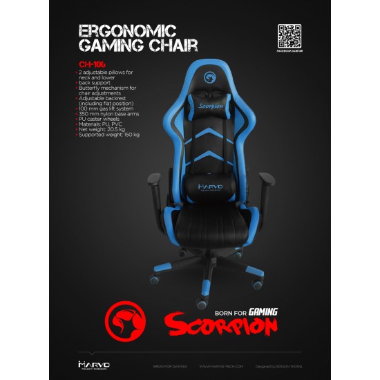 Marvo геймърски стол Gaming Chair CH-106 Black/Blue