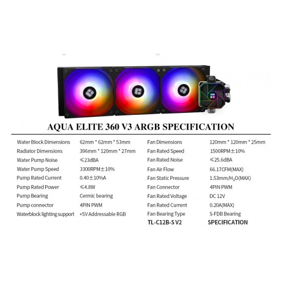 Thermalright водно охлаждане Water Cooling Aqua Elite 360 Black A-RGB V3 - LGA1851/LGA1700/AM5