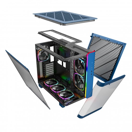 Montech кутия KING 95 Pro, Dual Chamber Mid-tower Case, 6 ARGB Fans, 2 Front Panels, Prussian Blue