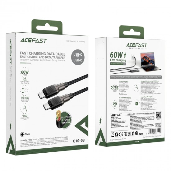 Acefast Кабел USB-C to USB-C Cable 60W Silicone braid 1.2m - C10-03 - Black