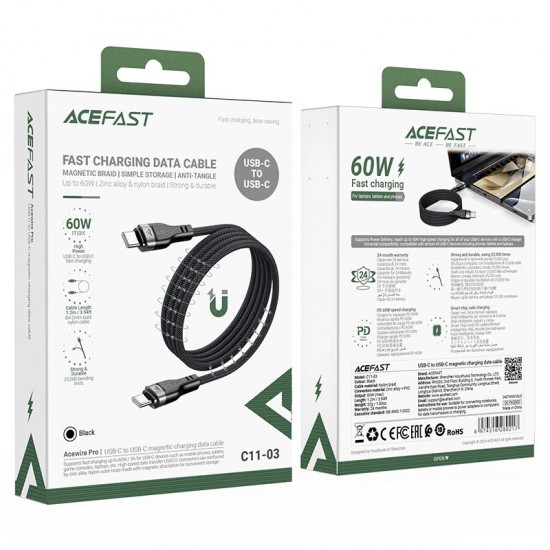 Acefast Кабел USB-C to USB-C Cable 60W MAGNETIC 1.2m - C11-03 - Black