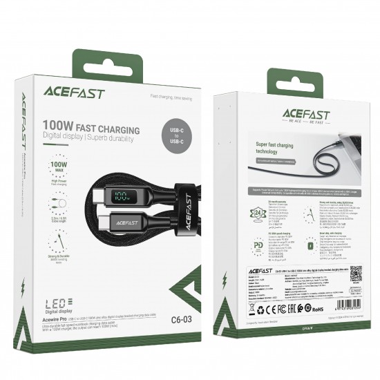 Acefast Кабел USB-C to USB-C Cable 100W 2m with digital display - C6-03 - Black