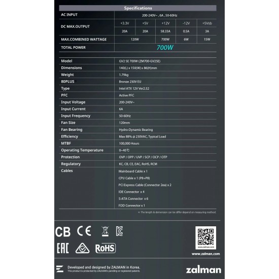 Zalman захранване PSU 700W Bronze - ZM700-GV2 SE
