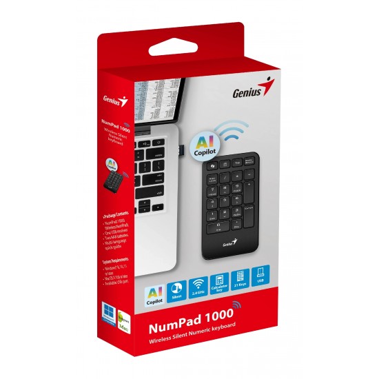 Genius цифрова безжична клавиатура кийпад Keypad Wireless NumPad 1000 - AI, 2.4G, Black