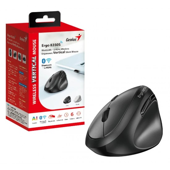 Genius вертикална безжична мишка Vertical Mouse wireless Ergo 8350S - Silent, AI, Bluetooth, 2.4G, Dark Grey