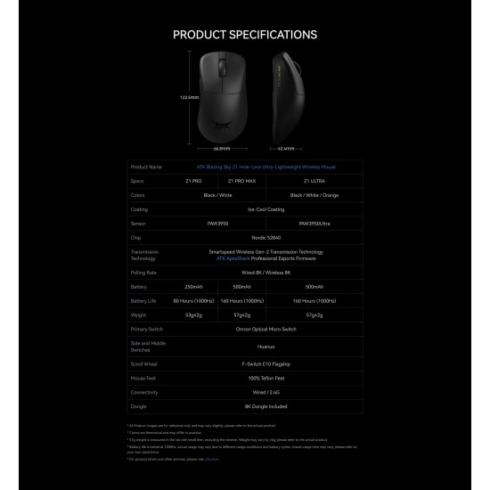 ATK професионална геймърска мишка Wireless Gaming Mouse Z1 PRO MAX - 8K, White