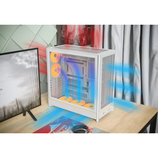 Montech кутия Case ATX - HS01 PRO (W) - 5 x 120 mm ARGB Fans, USB-C, White