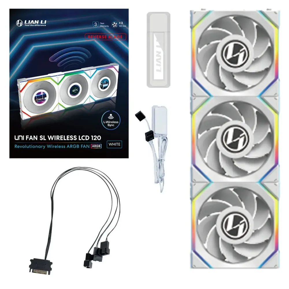 Вентилатори 3бр Lian Li UNI FAN SL Wireless LCD Reverse Blade ARGB PWM - 120 mm Бели