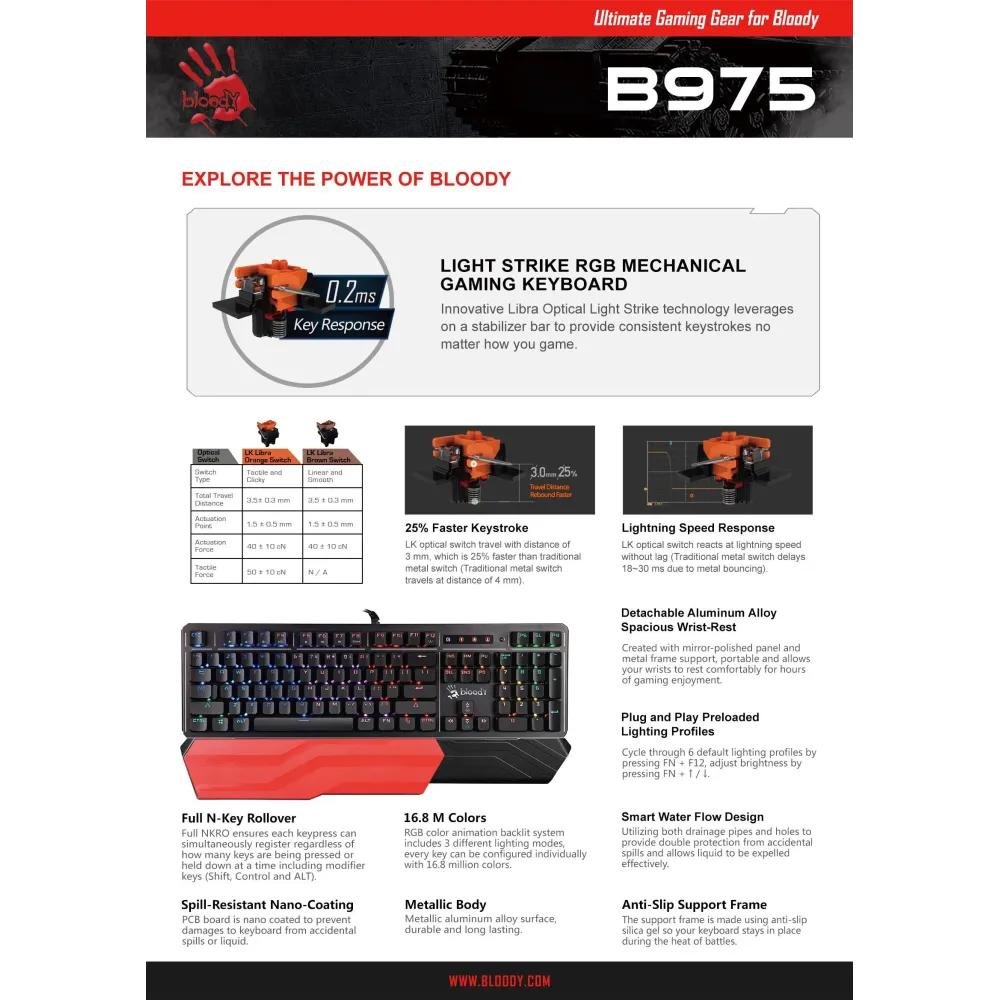 A4tech Bloody B975 Геймърска механична клавиатура, Brown switch