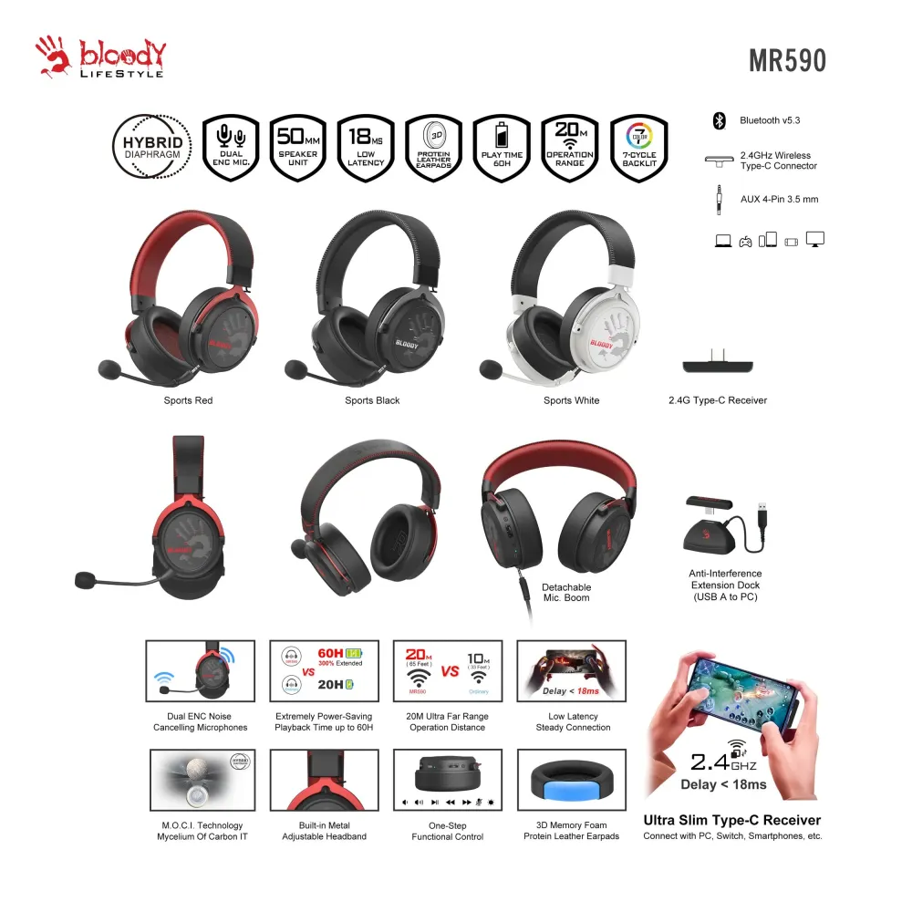 A4tech Bloody МR-590 Геймърски безжични слушалки с микрофон,Bluetooth 3.5мм жак, червен A4tech Bloody МR-590 Геймърски безжични слушалки с микрофон,Bluetooth 3.5мм жак, червен