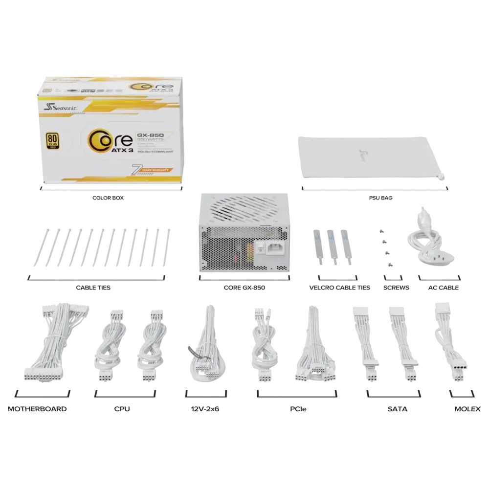 Захранващ блок Seasonic CORE GX White 850W 80+ Gold, Fully Modular, ATX 3.1, PCIe 5.1 Захранващ блок Seasonic CORE GX White 850W 80+ Gold, Fully Modular, ATX 3.1, PCIe 5.1