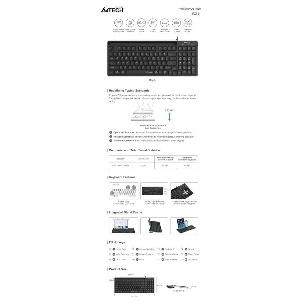 A4tech Fstyler FX70 Жична клавиатура, ниско профилна, ножична технология, кирилизирана, черна