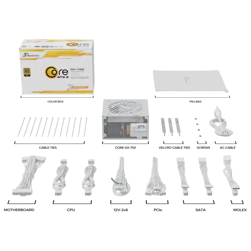 Захранващ блок Seasonic CORE GX White 750W 80+ Gold, Fully Modular, ATX 3.1, PCIe 5.1 Захранващ блок Seasonic CORE GX White 750W 80+ Gold, Fully Modular, ATX 3.1, PCIe 5.1