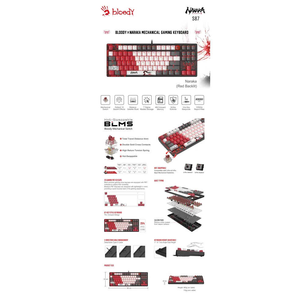 А4tech Геймърска механична клавиатура Bloody Naraka S87 TKL Backlit Red Switch , USB А4tech Геймърска механична клавиатура Bloody Naraka S87 TKL Backlit Red Switch , USB
