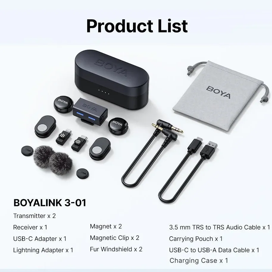 Безжична система микрофони BOYA BOYALINK 3-01 with lightning+USB-C +3.5mm TRS plug