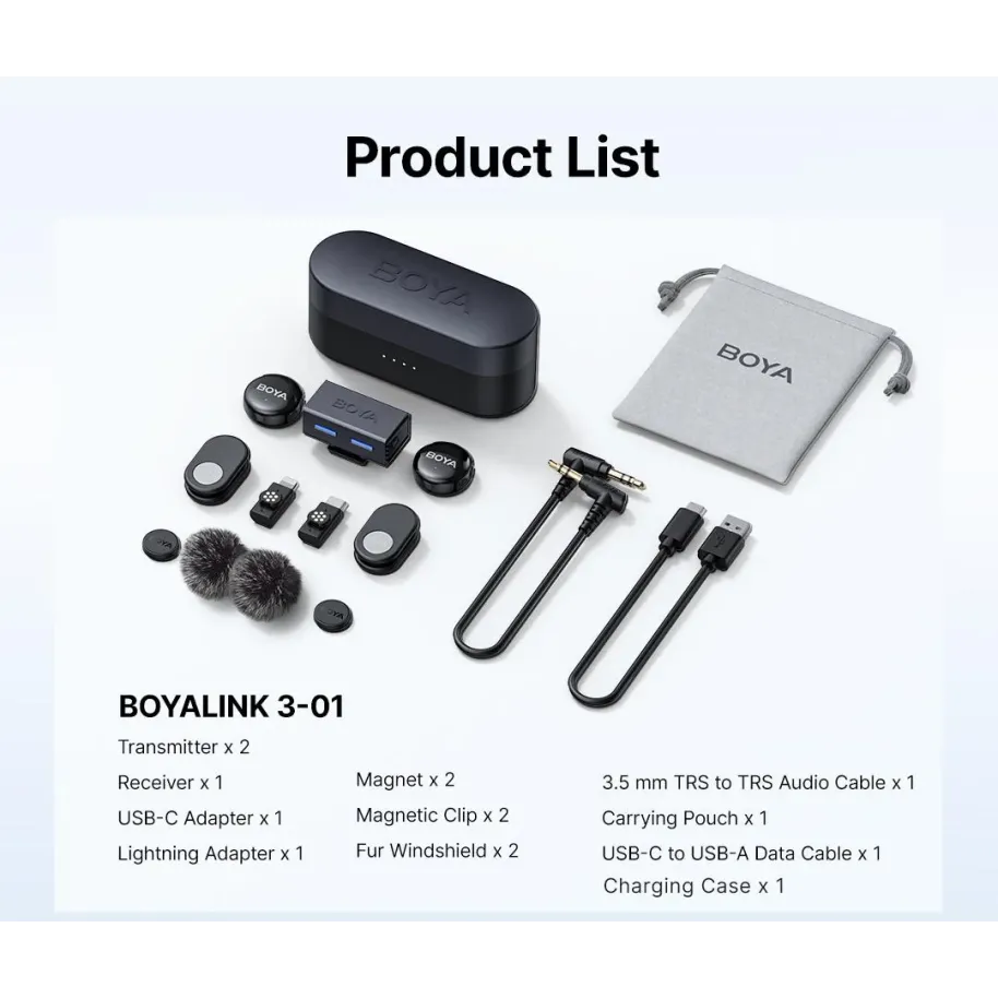 Безжична система микрофони BOYA BOYALINK 3-01 with lightning+USB-C +3.5mm TRS plug