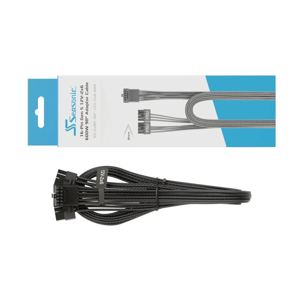Кабел Seasonic 90° 12VHPWR 600W 16-Pin към 2x8 Pin за Seasonic захранвания Кабел Seasonic 90° 12VHPWR 600W 16-Pin към 2x8 Pin за Seasonic захранвания