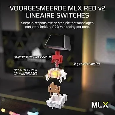 Геймърскa безжична/блутут механична клавиатура Corsair K70 CORE TKL RGB, Corsair MLX Red суич