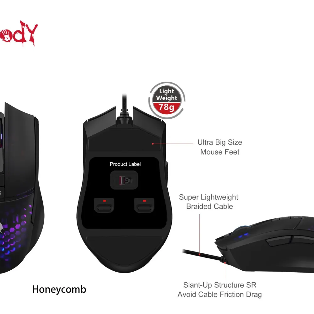 Геймърска мишка A4tech bloody L65 Max, Жична, 12000 cpi, Honeycomb,Черна