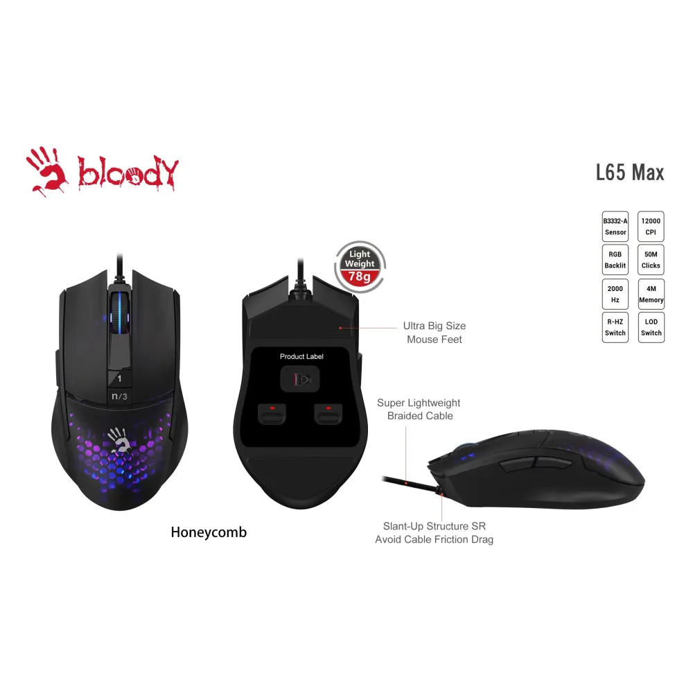 Геймърска мишка A4tech bloody L65 Max, Жична, 12000 cpi, Honeycomb,Черна