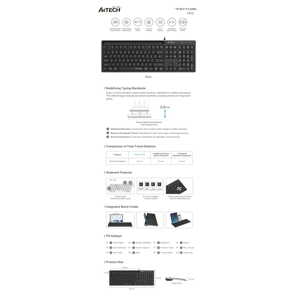 A4tech Fstyler FX72 Жична клавиатура, ниско профилна, ножична технология, кирилизирана, черна A4tech Fstyler FX72 Жична клавиатура, ниско профилна, ножична технология, кирилизирана, черна