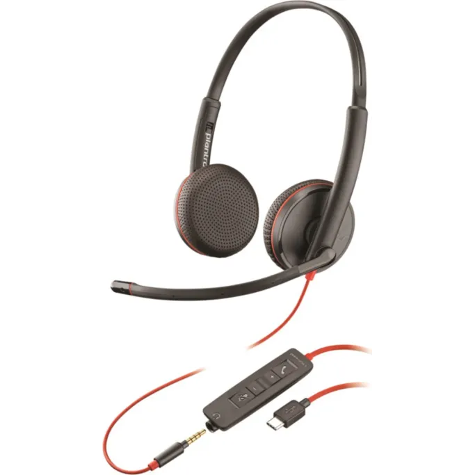 Слушалки с микрофон Poly Blackwire 3225 Stereo USB-C Headset+3.5mm Plug + USB-C/A Adapter