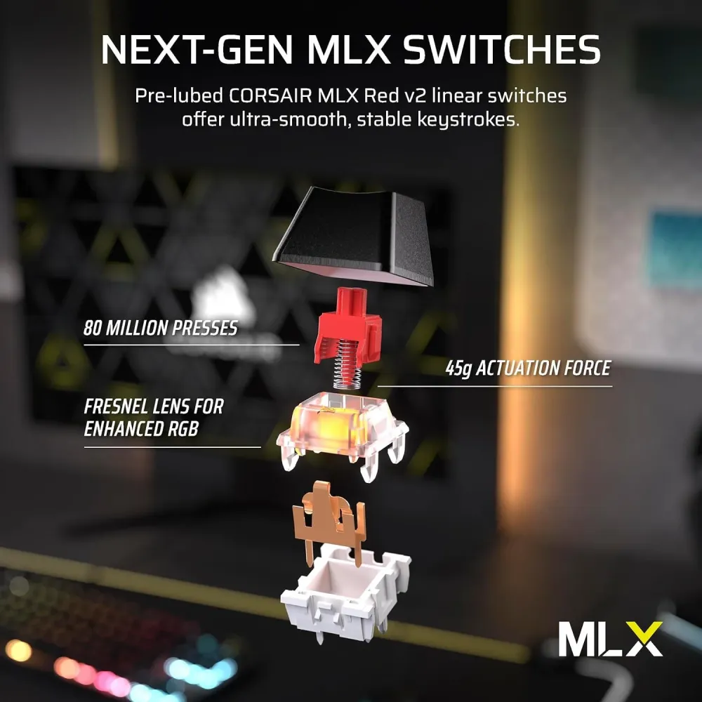 Геймърскa механична клавиатура Corsair K70 RGB MK.2 Core TKL, Corsair MLX Red суич