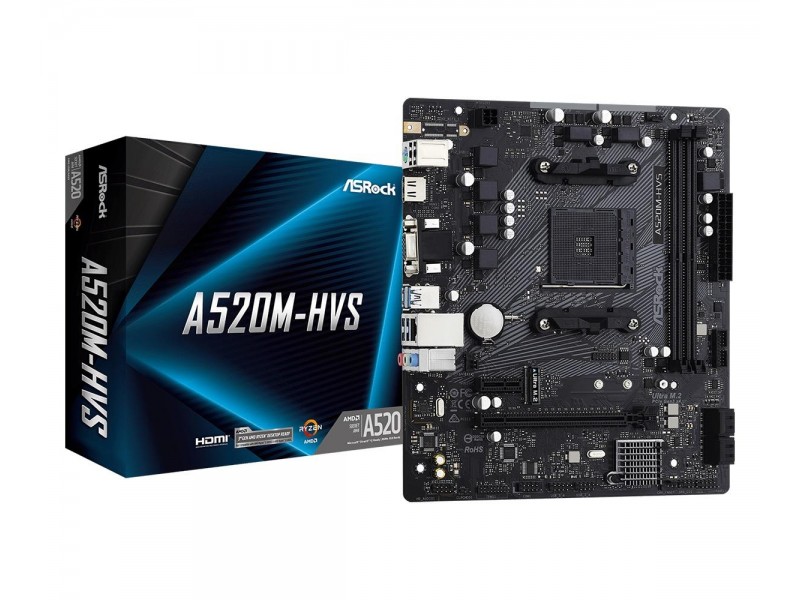 Дънна платка ASRock A520M-HVS, Socket AM4, mATX, 2xDDR4, M.2 NVMe