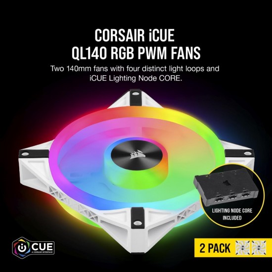Вентилатори Corsair iCUE QL140 RGB PWM, 2 Fan комплект, Включен контролер Lightning Node CORE, Бял
