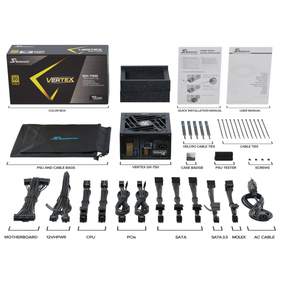 Захранващ блок SEASONIC VERTEX GX-750 750W, 80+ Gold PCIe 5.0, Fully Modular