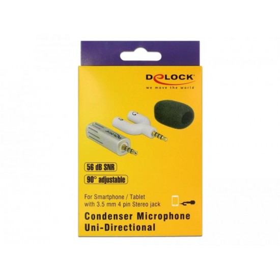 Микрофон DeLock 65893, За смартфон/таблет, 3.5 mm 4 Pin Stereo Jack 90°, Сребрист