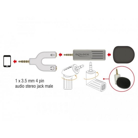 Микрофон DeLock 65893, За смартфон/таблет, 3.5 mm 4 Pin Stereo Jack 90°, Сребрист