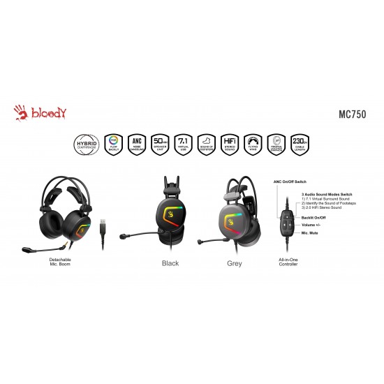Геймърски слушалки A4TECH Bloody MC750, ANC,RGB, Микрофон, Черни