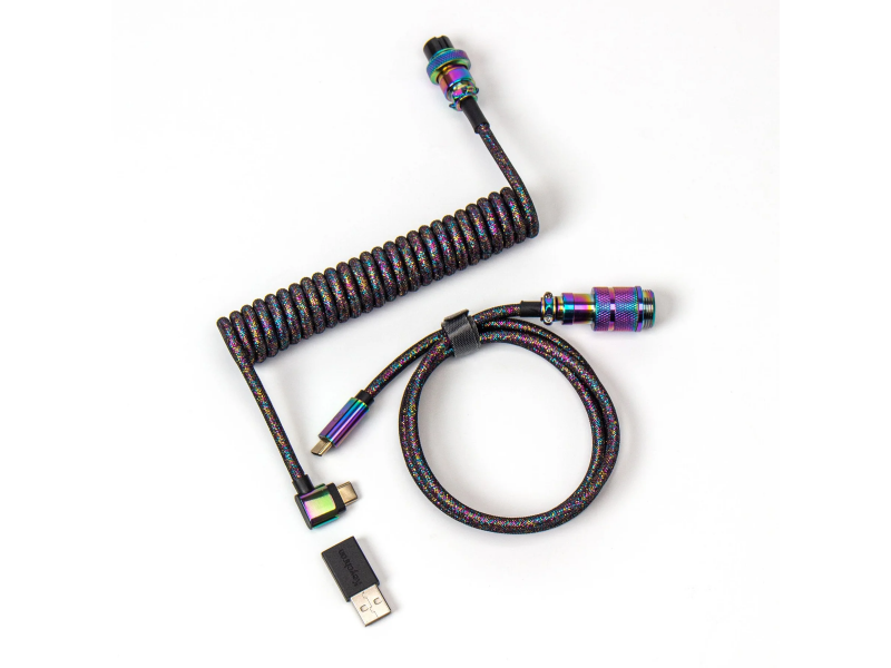 Кабел за клавиатура Keychron Colorful Premium Coiled Angled, USB-C - USB-C, Rainbow Plated Black