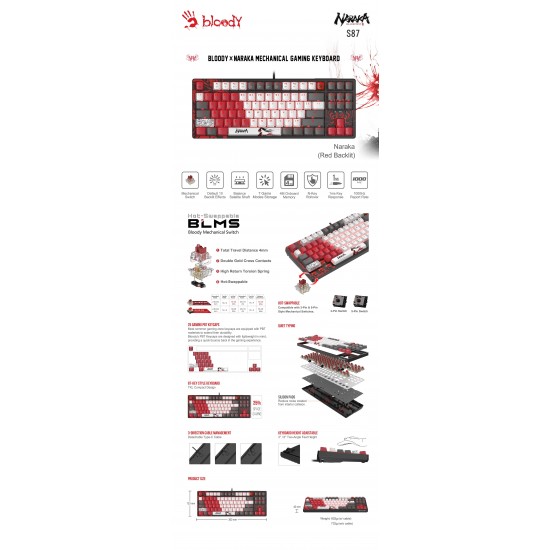 А4tech Геймърска механична  клавиатура Bloody Naraka S87  TKL Backlit red switch , USB