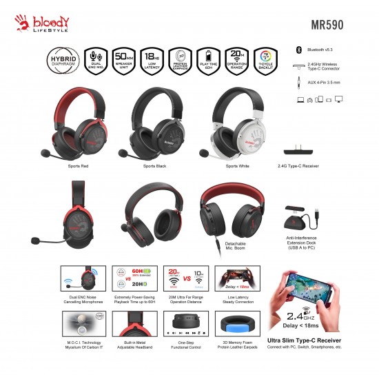 A4tech Bloody МR-590 Геймърски безжични слушалки с микрофон,Bluetooth 3.5мм жак, бял