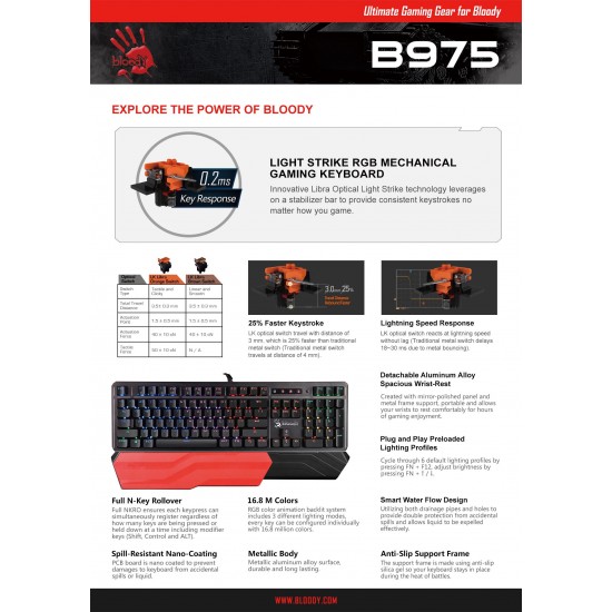 A4tech Bloody B975 Геймърска механична клавиатура, Brown switch